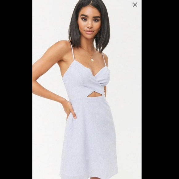 Forever 21 Contemporary Blue Seersucker Midriff Cut Out Mini Dress Small S - Picture 1 of 9